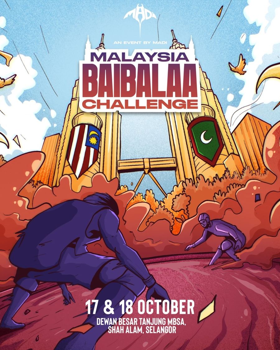 Illustrated poster: two Baibalaa players face off in front of the Petronas Towers. 17 and 18 October, Dewan Besar Tanjung MBSA, Shah Alam.